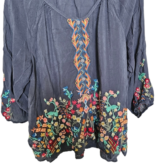 Johnny Was Graphite Sarah Scoop Neck Embroidered Georgette Top Blouse Boho SZ M - Picture 2 of 6